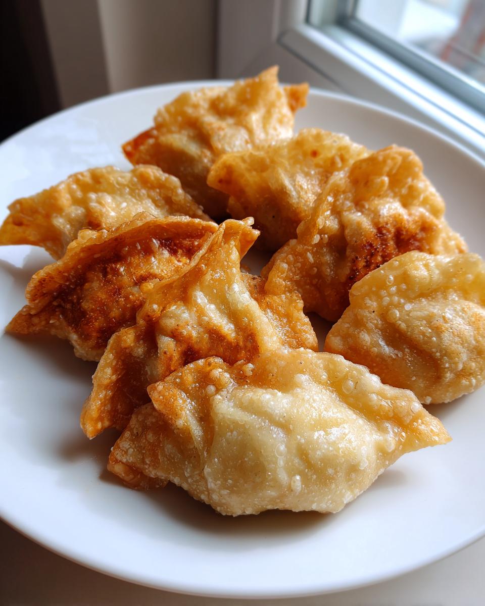 A close-up of several golden-brown, crispy fried rice paper dumplings arranged on a white plate near a window.