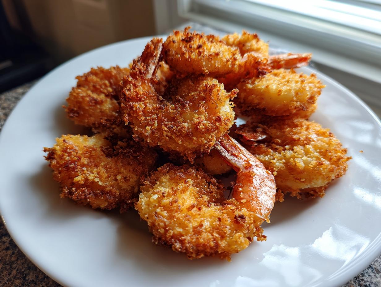 A pile of golden brown, crispy fried shrimp with tails intact served on a white plate.