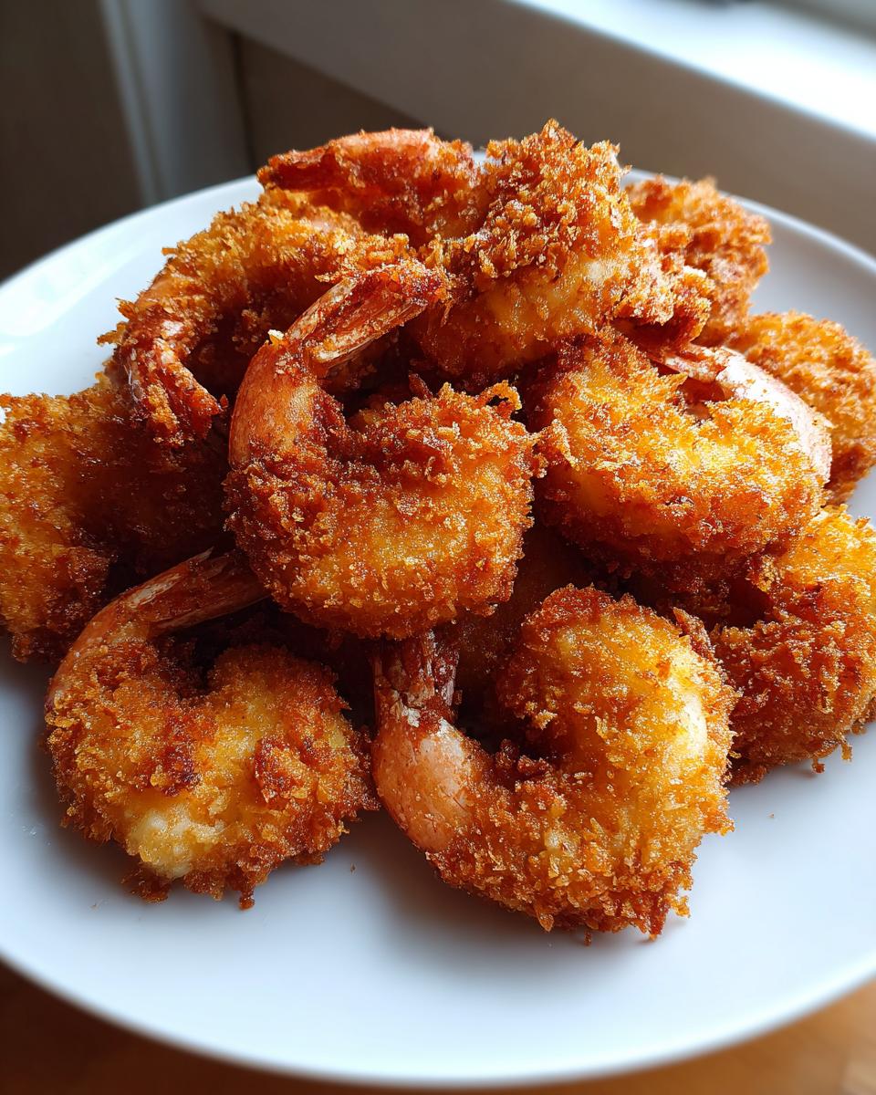 A close-up shot of a pile of golden brown, crispy fried shrimp with tails intact on a white plate.