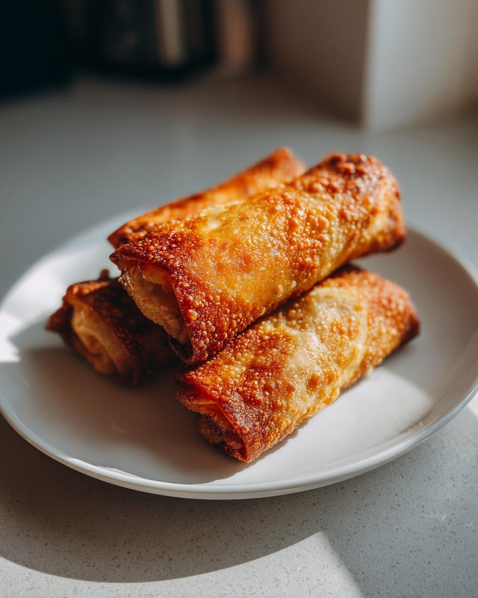 Three perfectly fried, golden brown egg roll appetizers stacked on a small white plate.