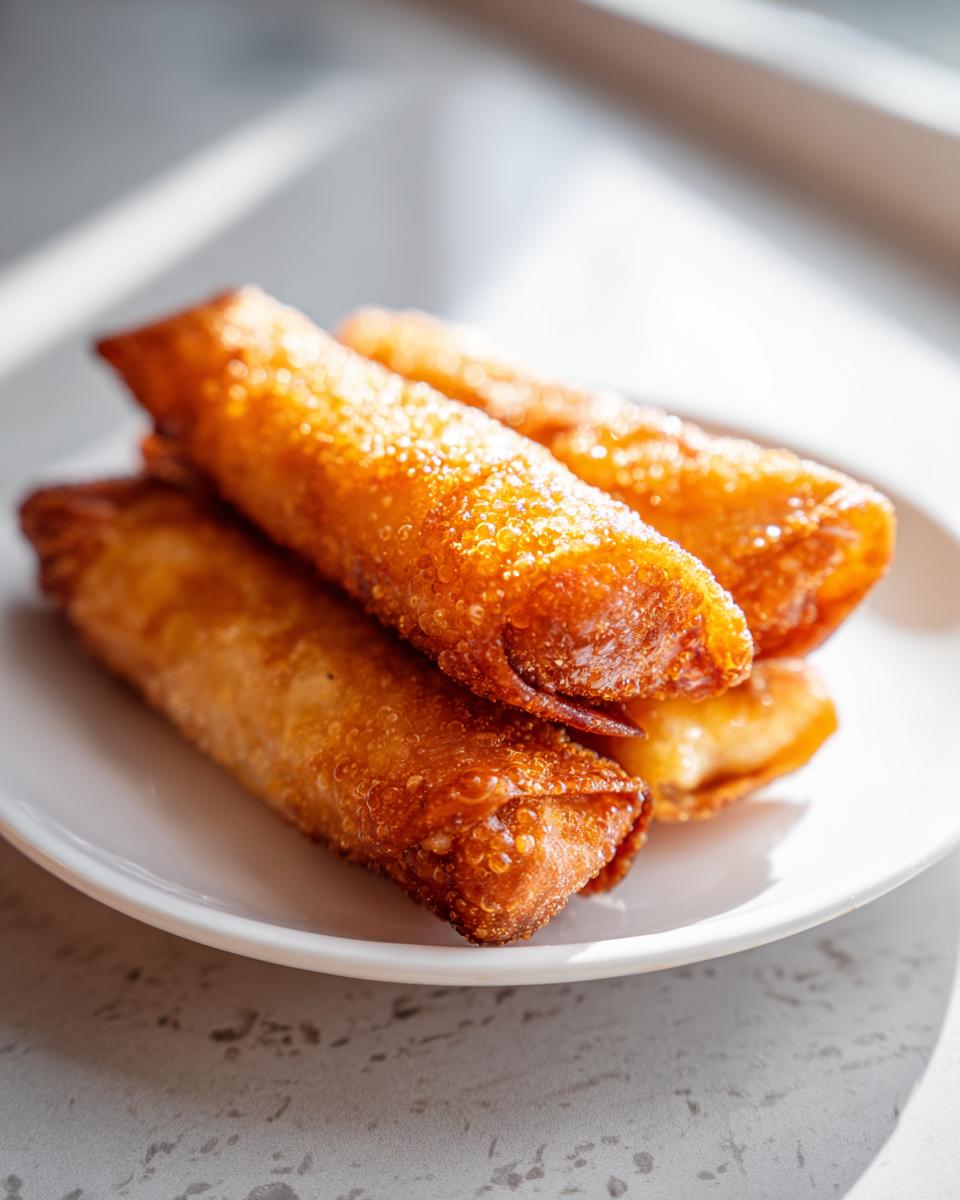 Close-up of three golden brown, crispy fried egg roll appetizers stacked on a small white plate.