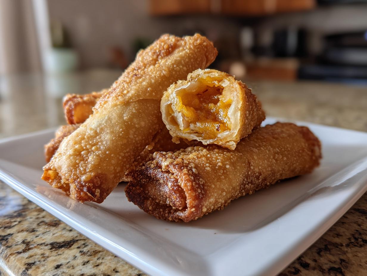 A stack of golden brown, crispy peach cobbler egg rolls served on a white rectangular plate.