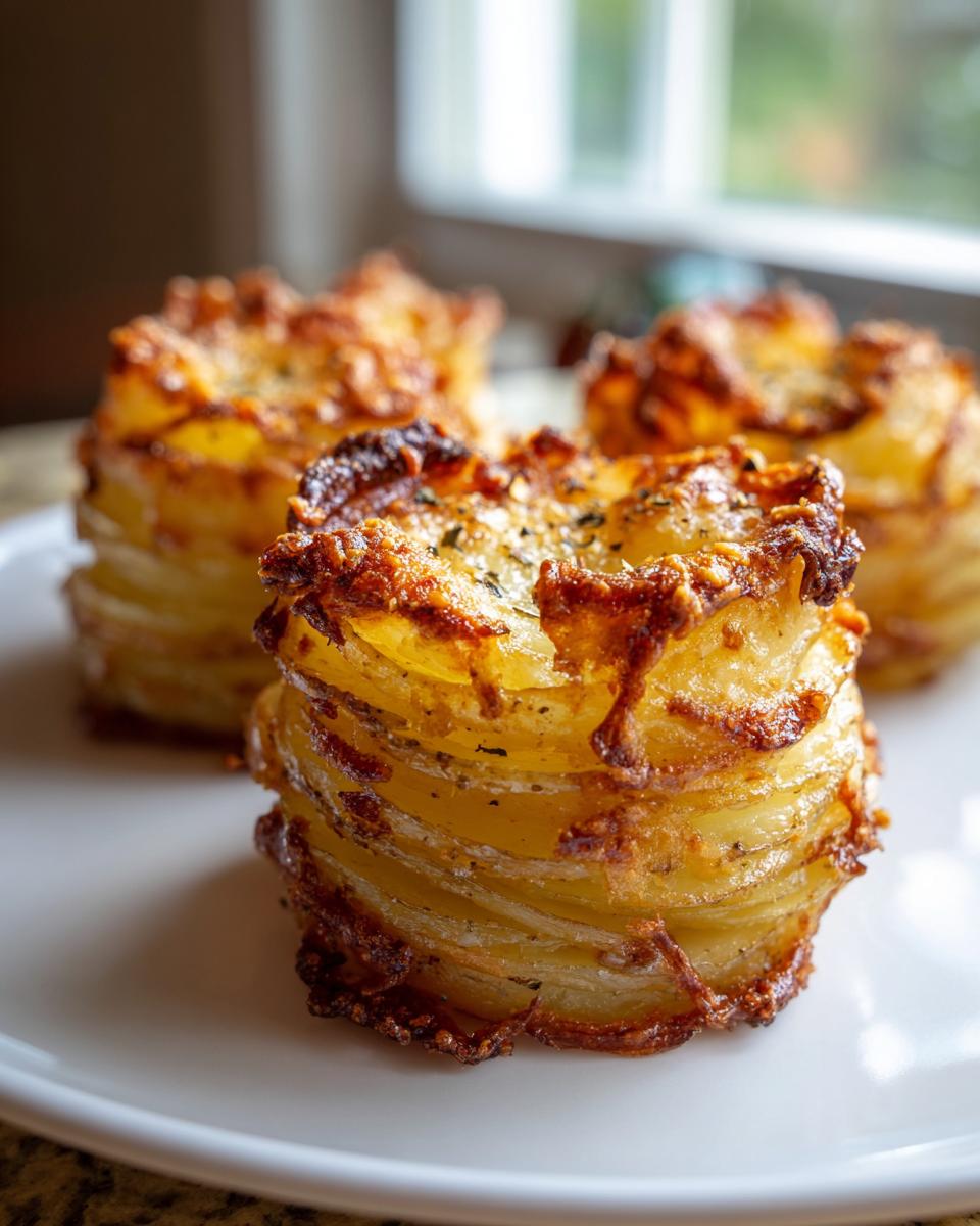 Three individual, crispy potato stacks showing thin layers of baked potato topped with browned cheese and herbs.