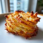 Close-up of a perfectly baked, crispy potato stacks with golden-brown, caramelized edges.