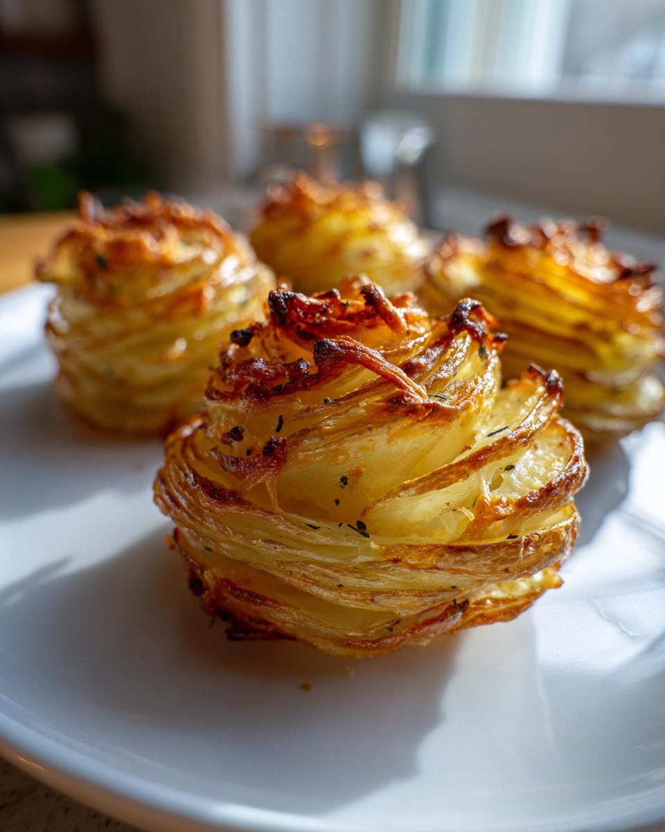 Close-up of four golden brown, crispy potato stacks, showing thinly sliced layers.