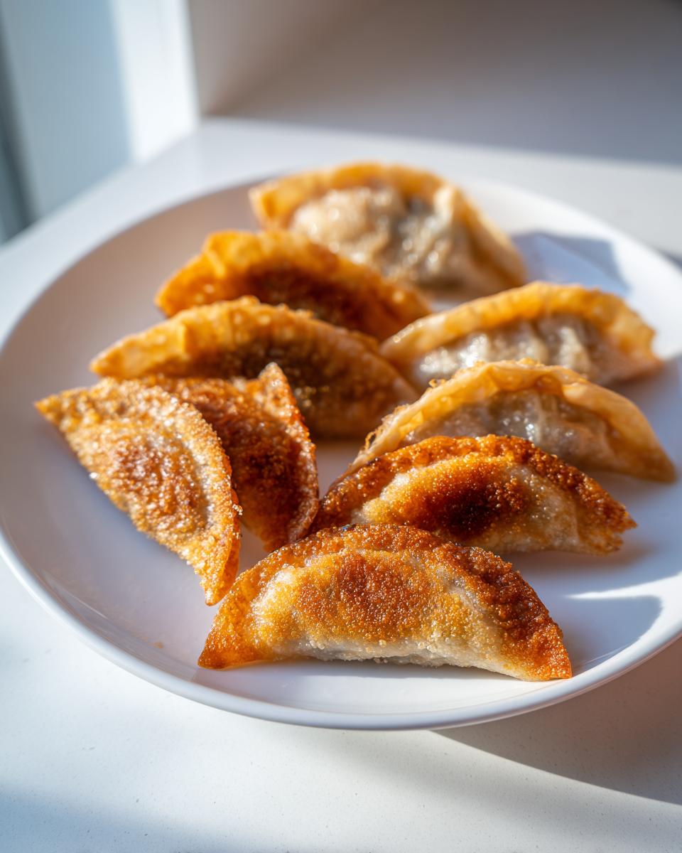 Close-up of several golden-brown, pan-fried rice paper dumplings arranged on a white plate.