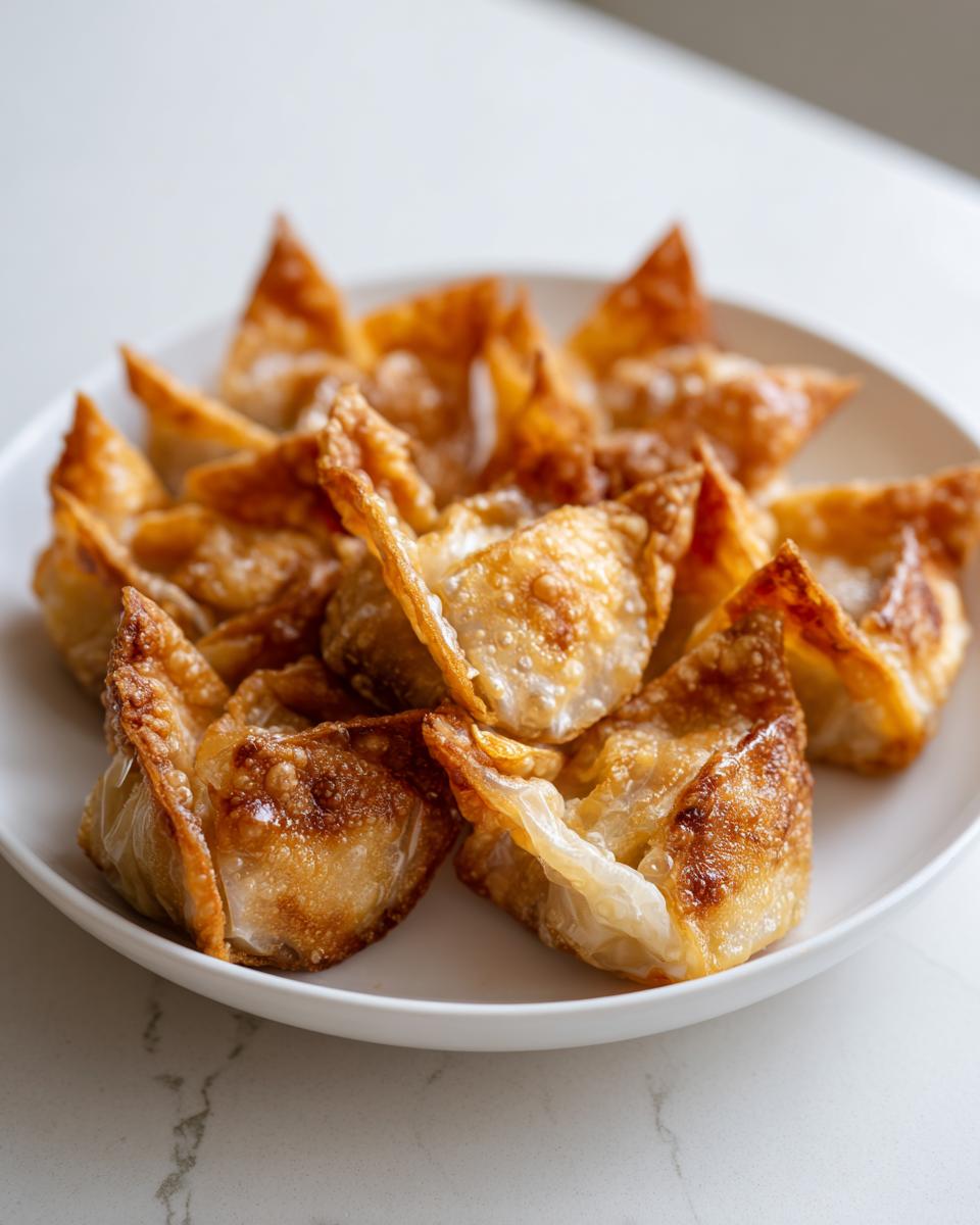 A close-up of several golden-brown, crispy fried rice paper dumplings arranged on a white plate.