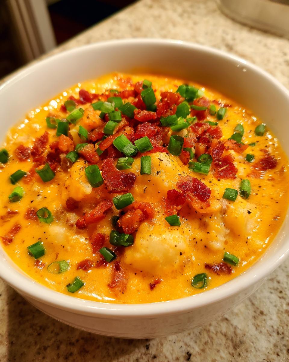 A close-up of a hearty bowl of crockpot cheeseburger soup, covered in melted cheese, crispy bacon bits, and fresh green chives.