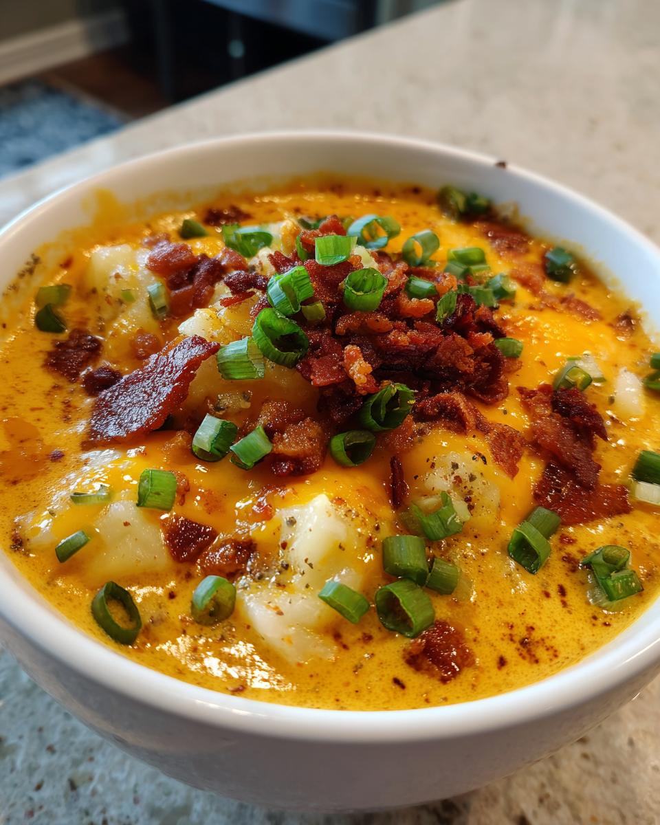Close-up of a bowl of rich crockpot cheeseburger soup, loaded with melted cheese, bacon bits, and fresh green onions.