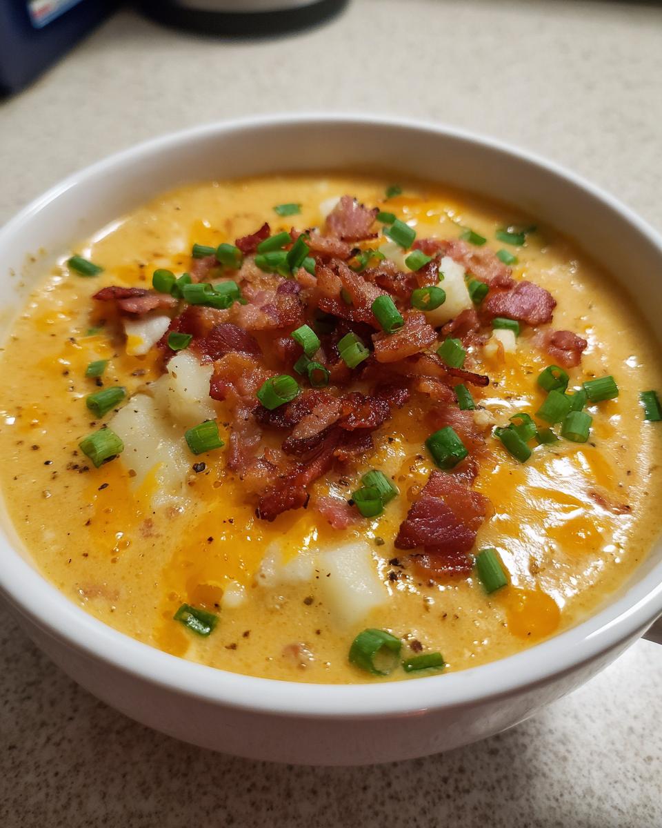 A close-up of a bowl of creamy, orange crockpot cheeseburger soup, topped generously with crumbled bacon and fresh green chives.