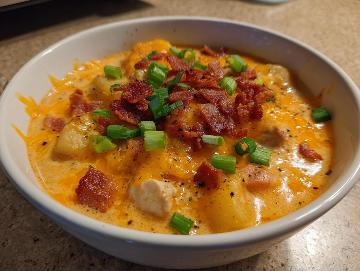A hearty bowl of crockpot cheeseburger soup loaded with cheese, potatoes, and topped generously with crumbled bacon and fresh green onions.