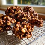 A pile of glossy, homemade crockpot peanut clusters loaded with whole peanuts, cooling on a wire rack.