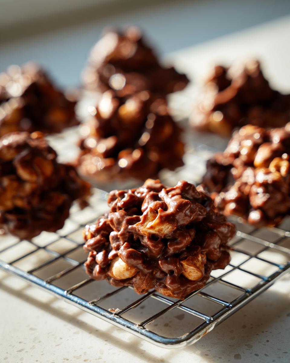 Close-up of a freshly made crockpot peanut clusters resting on a wire cooling rack, coated in rich chocolate.