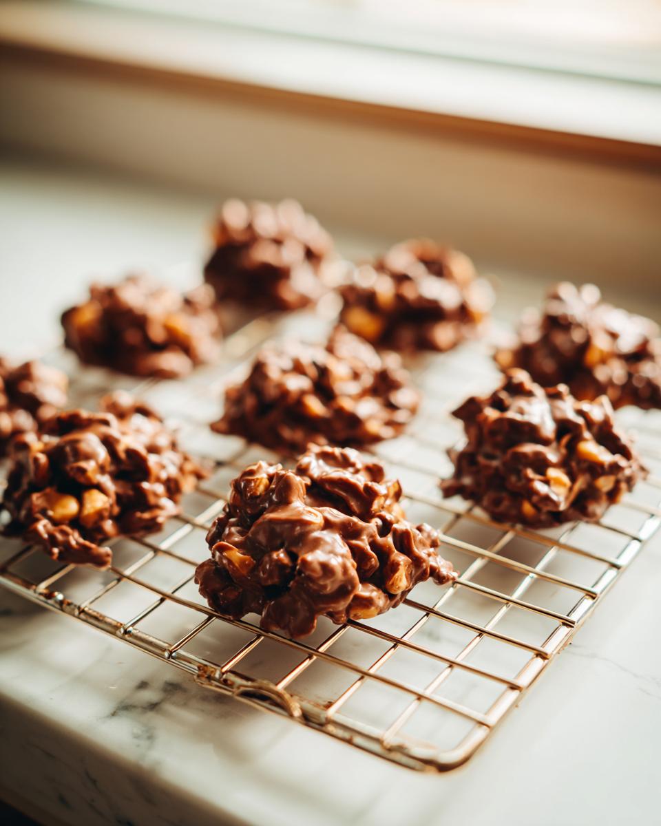 Several freshly made crockpot peanut clusters cooling on a gold wire rack over a marble counter.