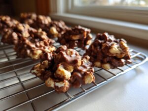 Several freshly made crockpot peanut clusters coated in chocolate resting on a wire cooling rack near a window.
