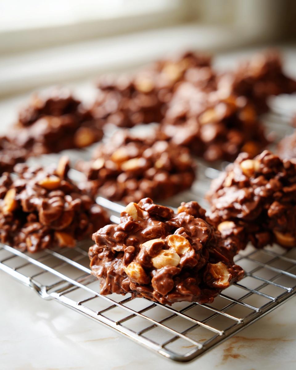 Close-up of freshly made crockpot peanut clusters, rich with chocolate and whole peanuts, cooling on a wire rack.