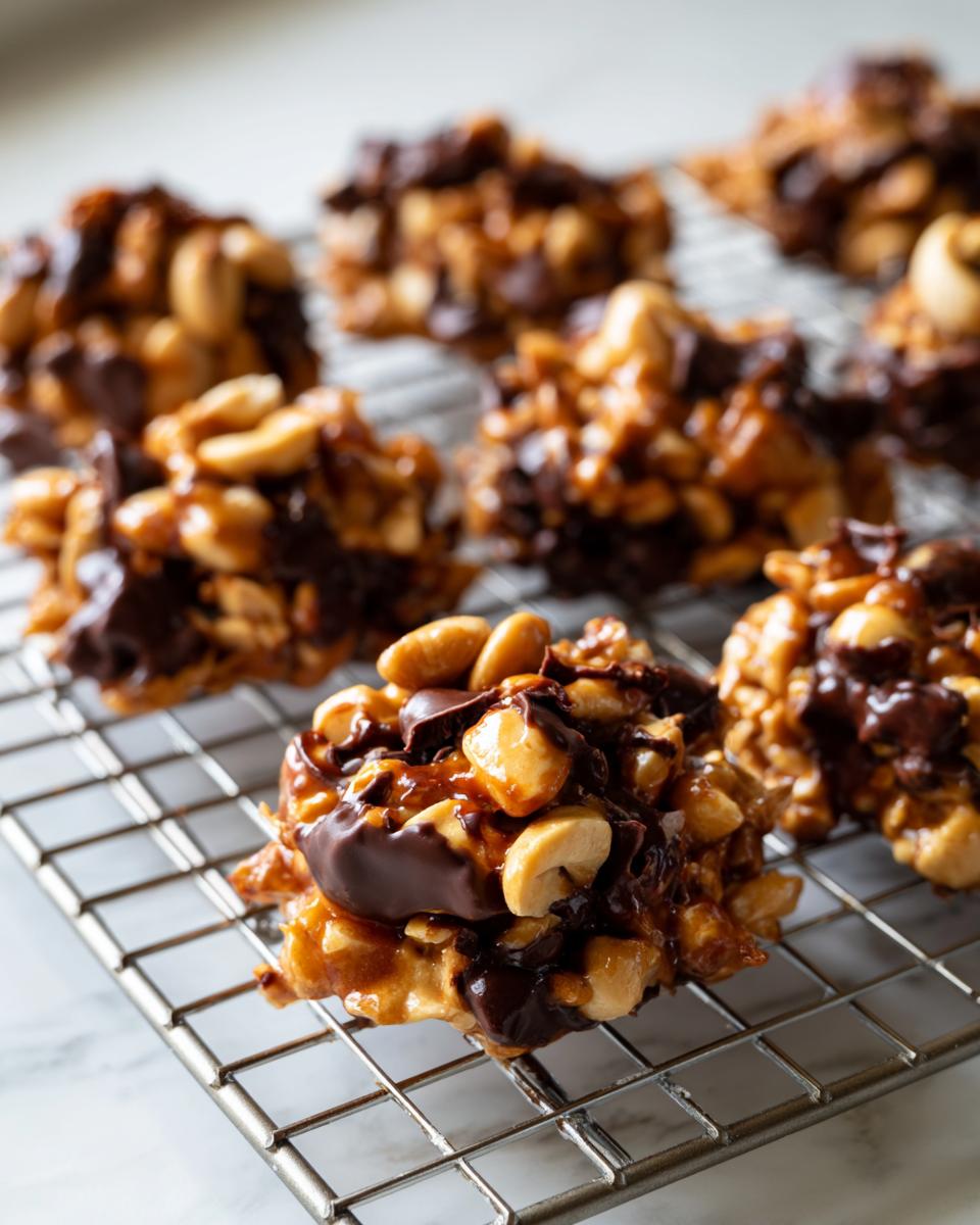 Close-up of several homemade crockpot peanut clusters cooling on a wire rack, featuring peanuts and melted chocolate.