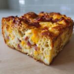 A close-up of a golden-brown slice of Croissant Breakfast Casserole with visible bacon and melted cheddar cheese.