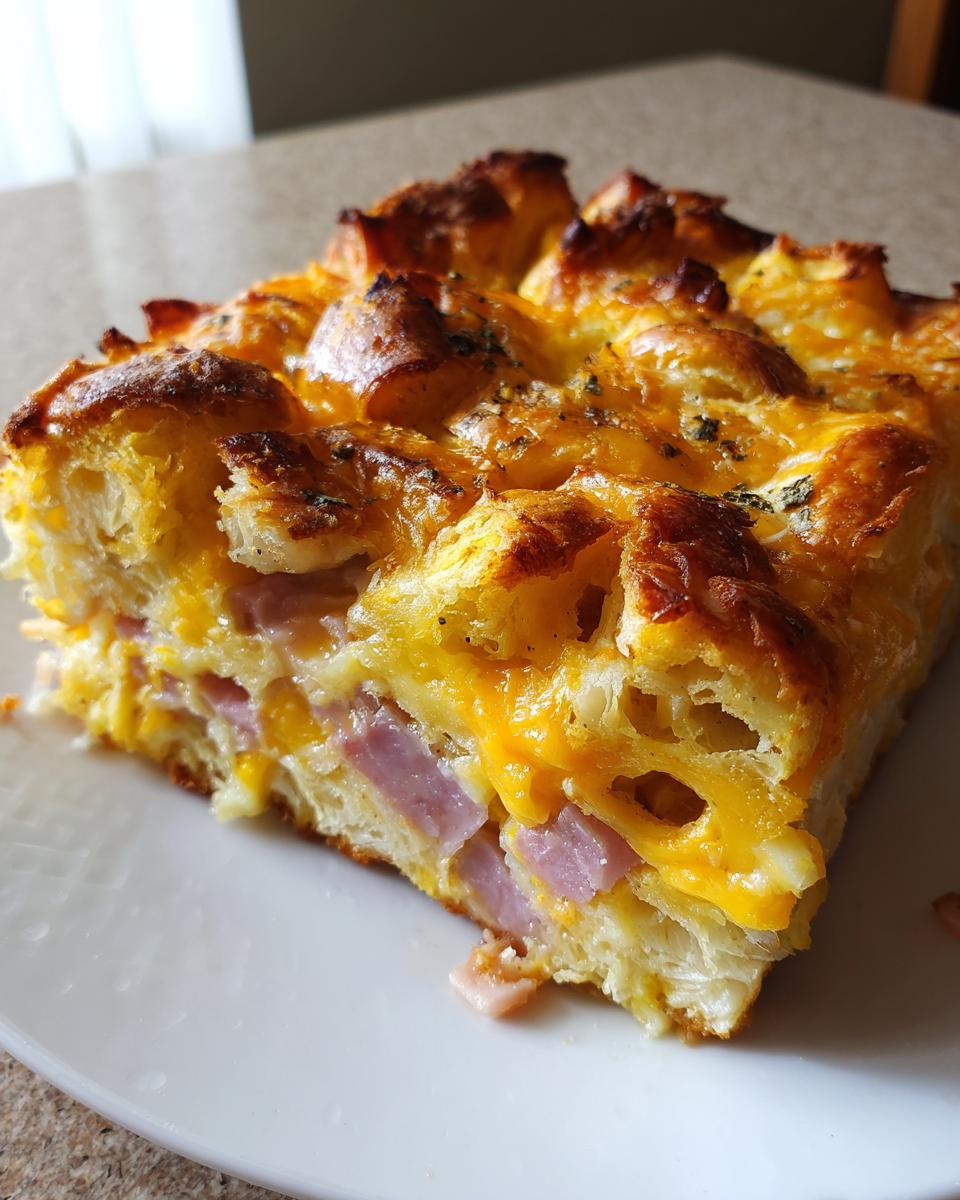 A close-up of a square slice of Croissant Breakfast Casserole showing layers of flaky croissant, melted cheddar cheese, and diced ham.
