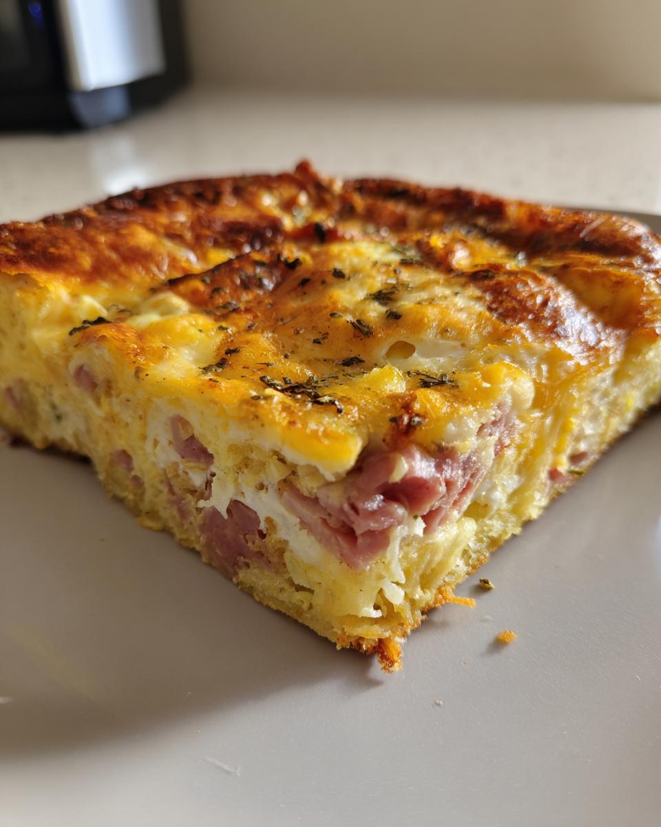 Close-up of a square slice of Croissant Breakfast Casserole showing layers of ham, egg, and golden-brown baked top.