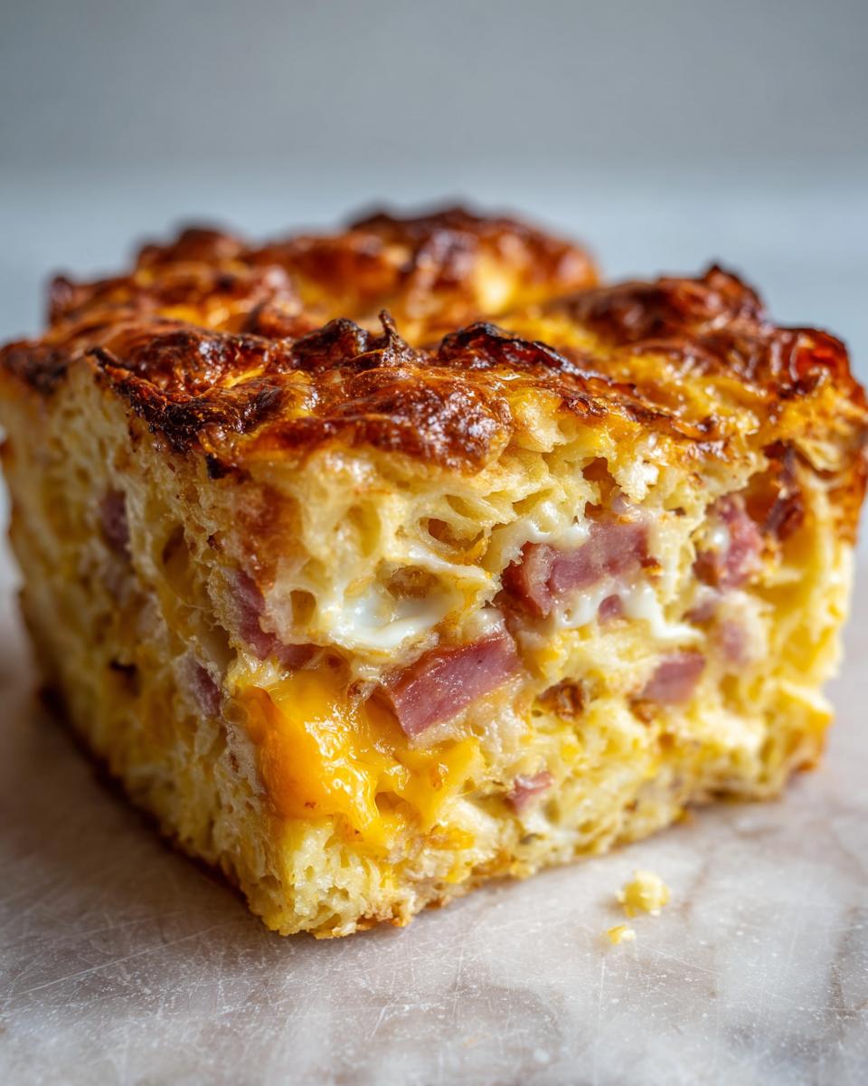 Close-up of a thick, golden slice of Croissant Breakfast Casserole showing layers of egg, ham, and melted cheddar cheese.