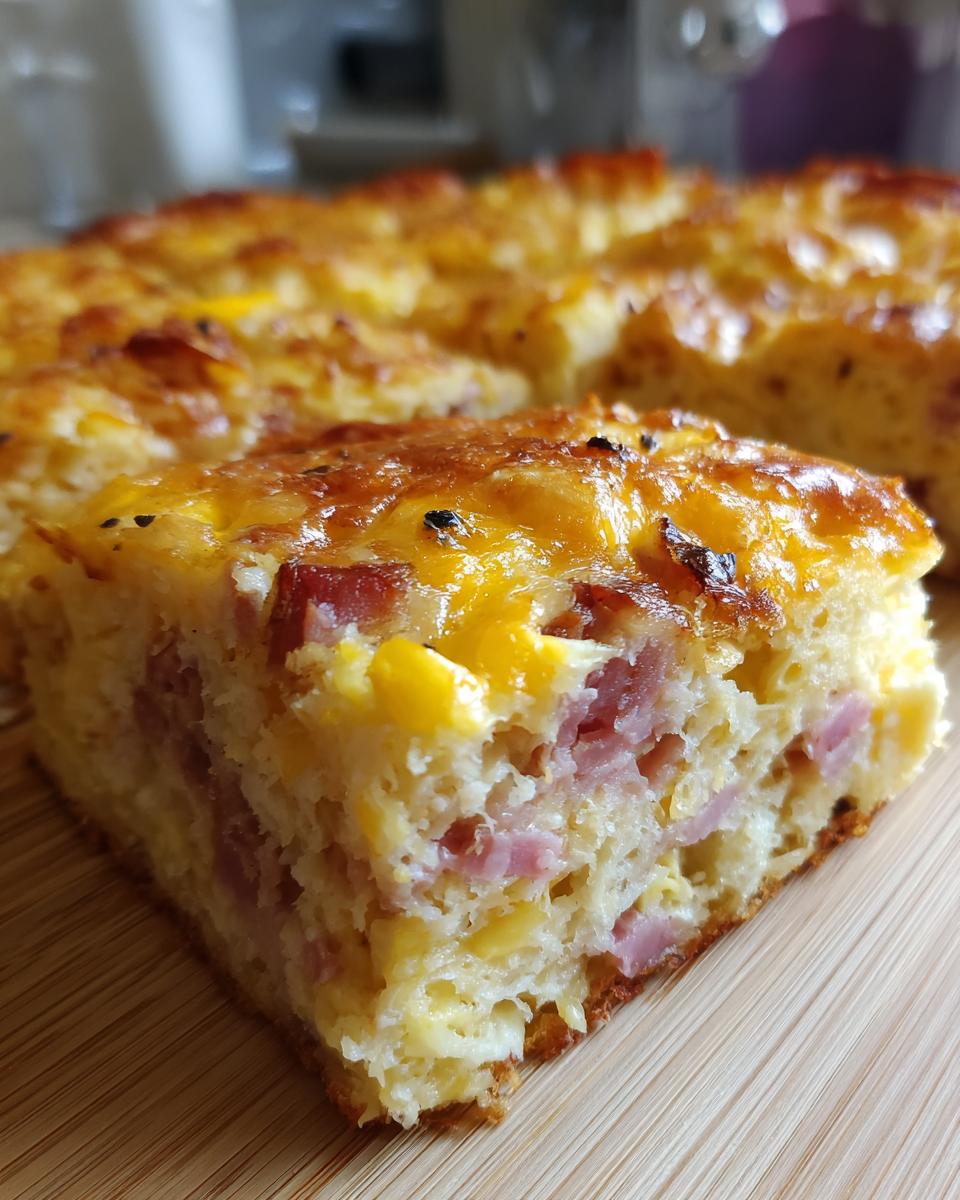 Close-up of a square slice of Croissant Breakfast Casserole showing layers of ham, egg, and melted cheese topping.