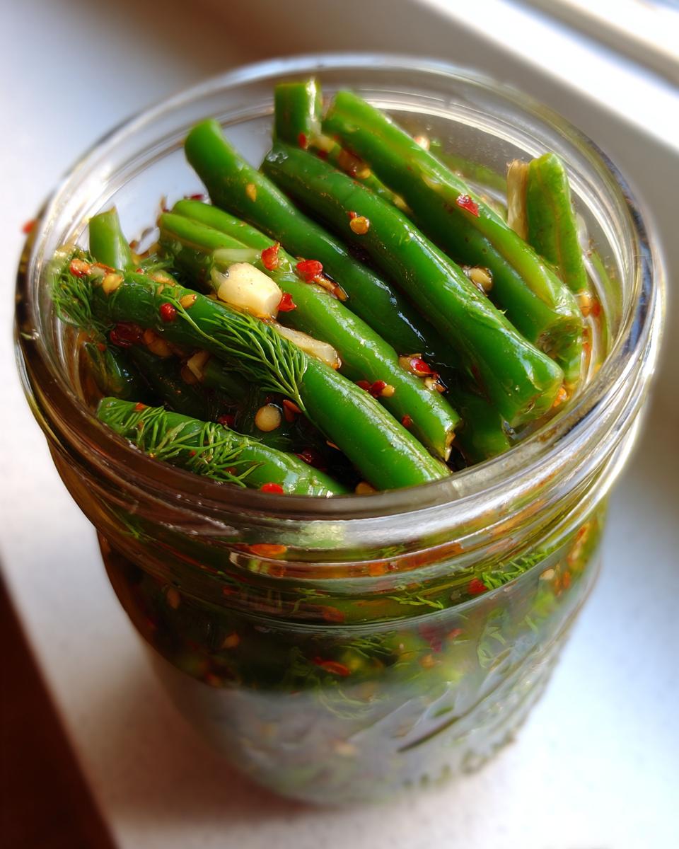 Close-up of bright green dilly beans packed tightly in a glass jar with dill fronds, garlic, and red pepper flakes.