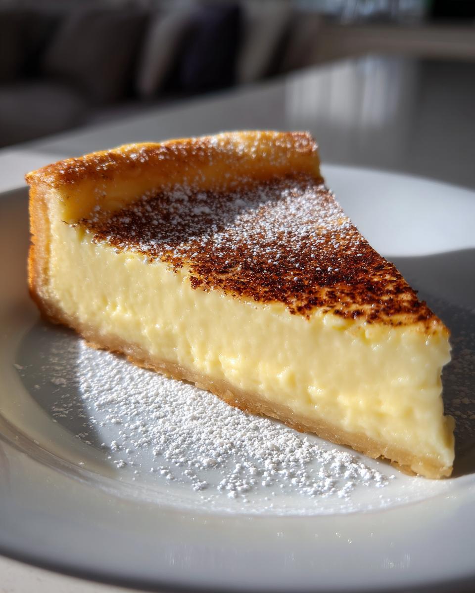A close-up of a thick slice of creamy egg custard tart dusted with powdered sugar on a white plate.