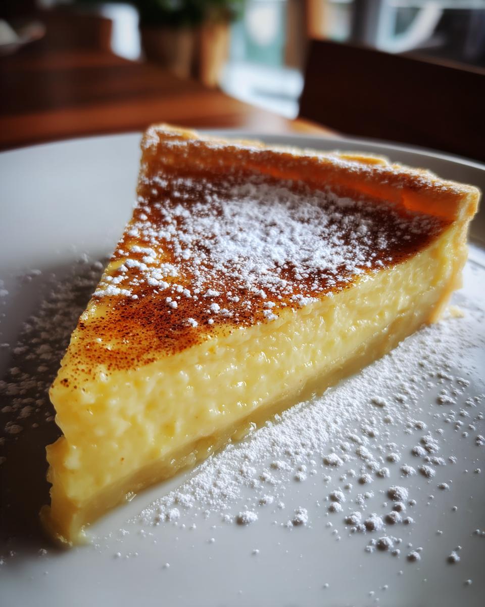 A close-up of a slice of creamy egg custard tart dusted with powdered sugar and cinnamon.