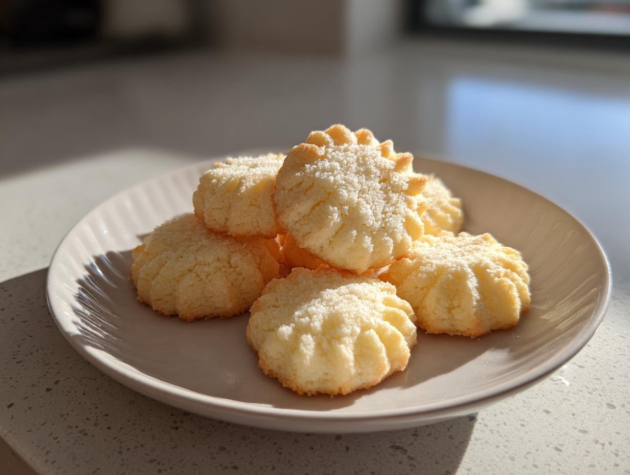 A stack of golden, textured 3-ingredient butter cookies dusted lightly with sugar on a pale plate.