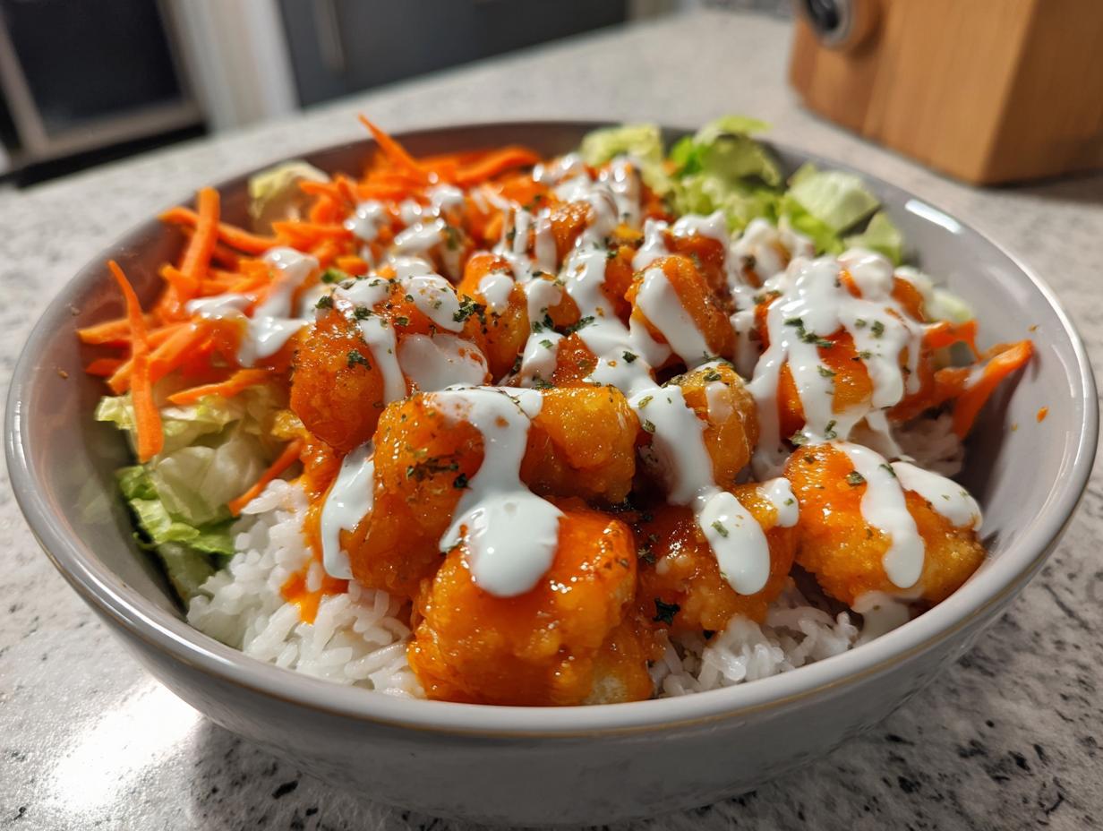 Close-up of a buffalo chicken bowl featuring crispy orange chicken pieces over white rice, topped with ranch dressing and shredded carrots.