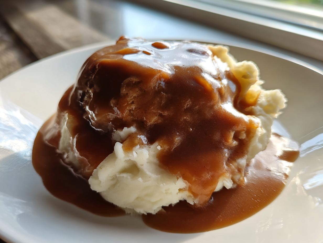 A scoop of mashed potatoes generously topped with rich, glossy homemade brown gravy.
