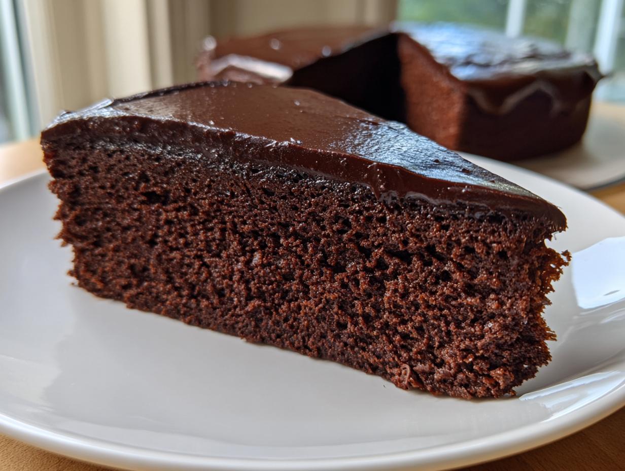 Close-up of a moist slice of flourless chocolate cake topped with shiny dark chocolate ganache.