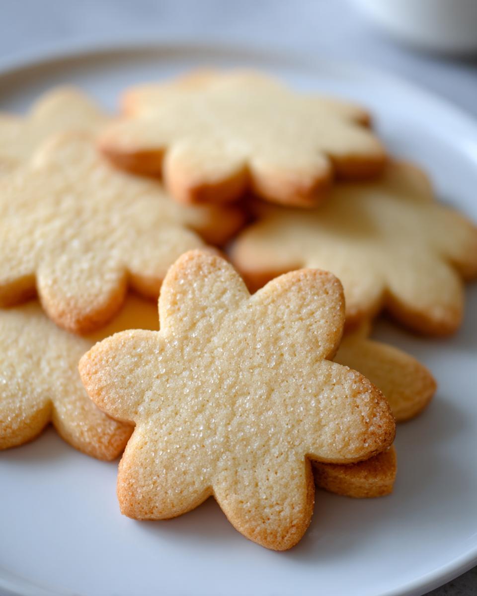 Close-up of golden brown flower-shaped sugar cookies sprinkled with coarse sugar on a white plate.