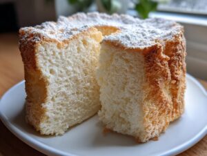 A close-up of a slice of airy angel food cake dusted with powdered sugar, showing its light texture.