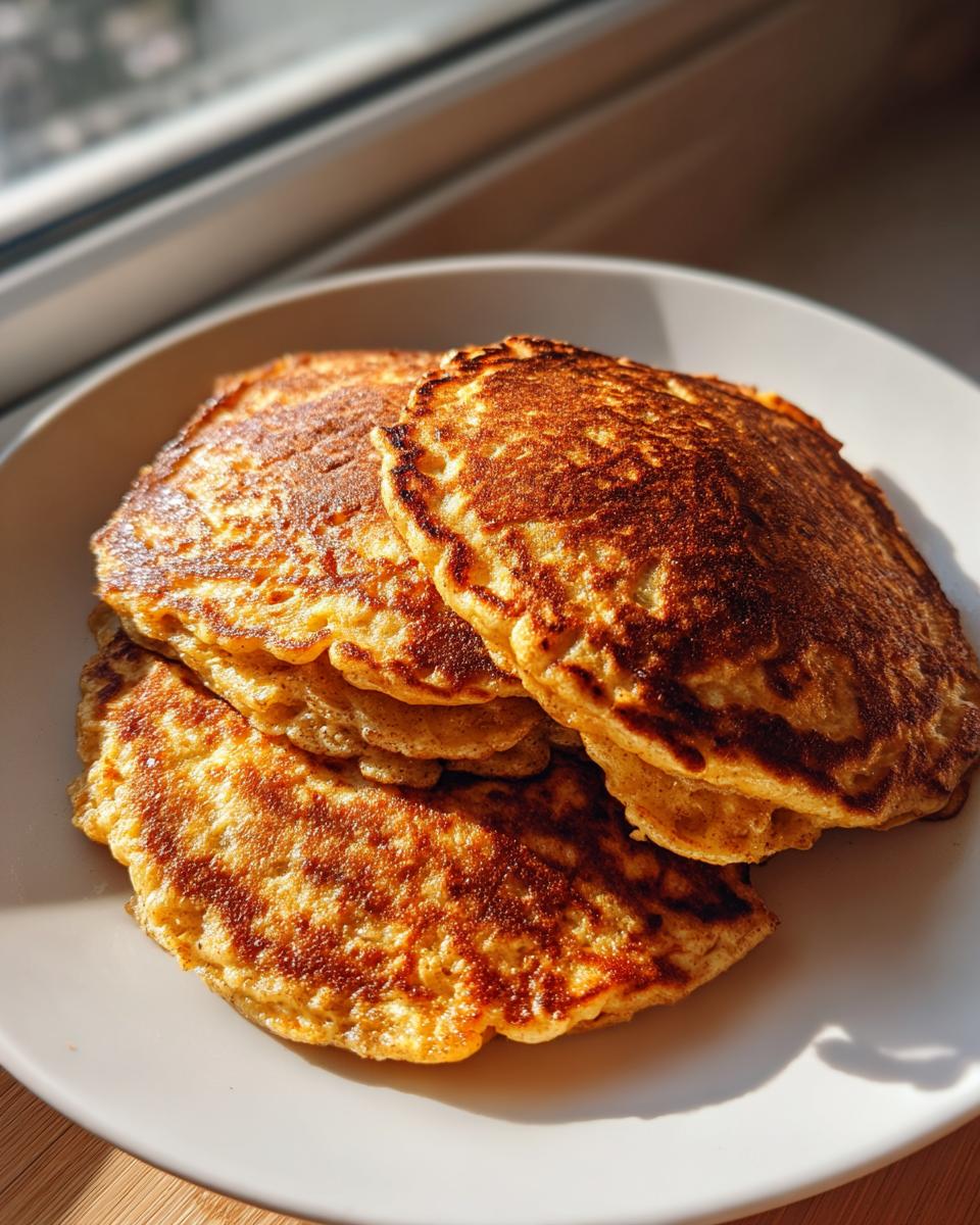 A stack of three perfectly golden brown banana oatmeal pancakes sitting on a white plate near a window.