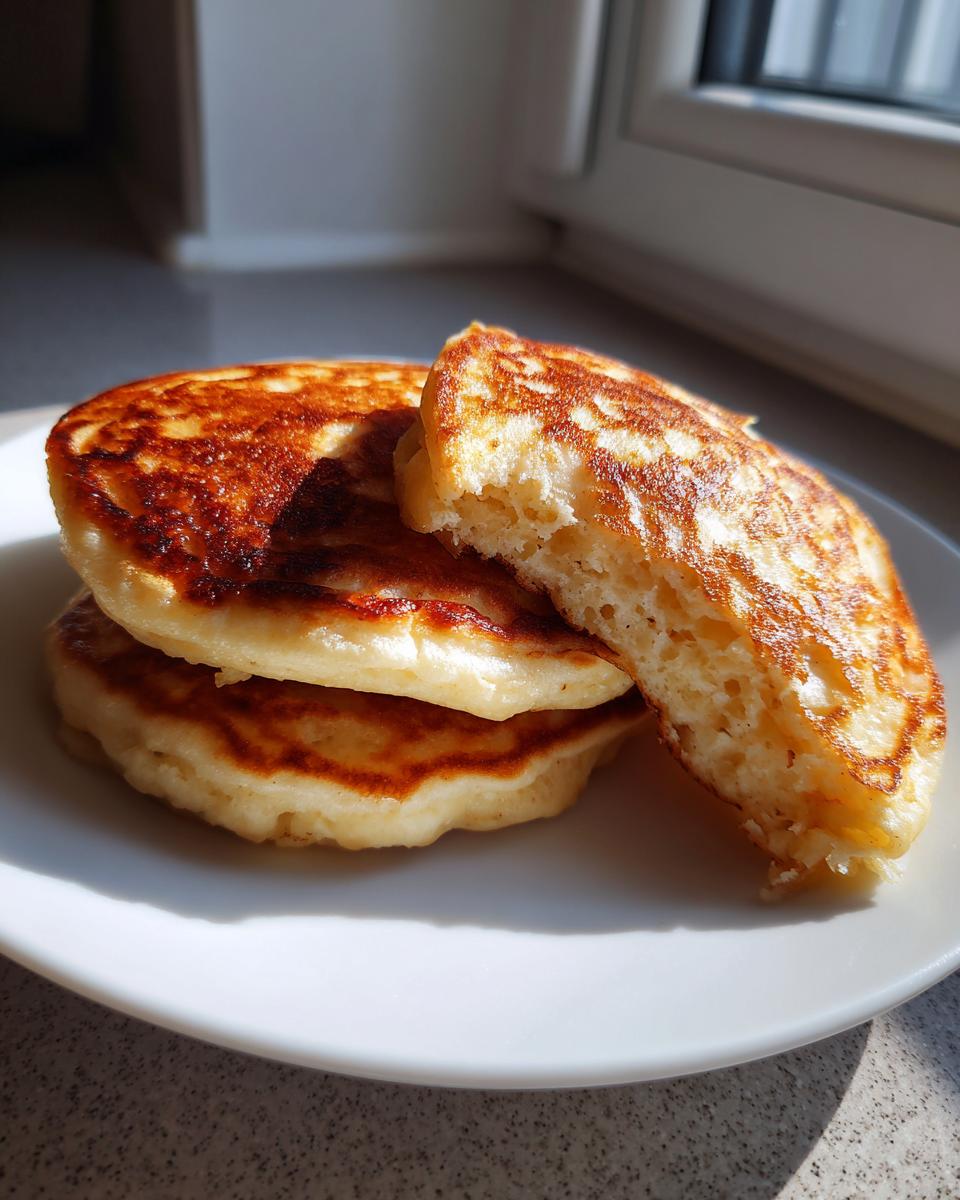 Close-up of a stack of fluffy banana oatmeal pancakes, with one pancake broken open showing the texture.