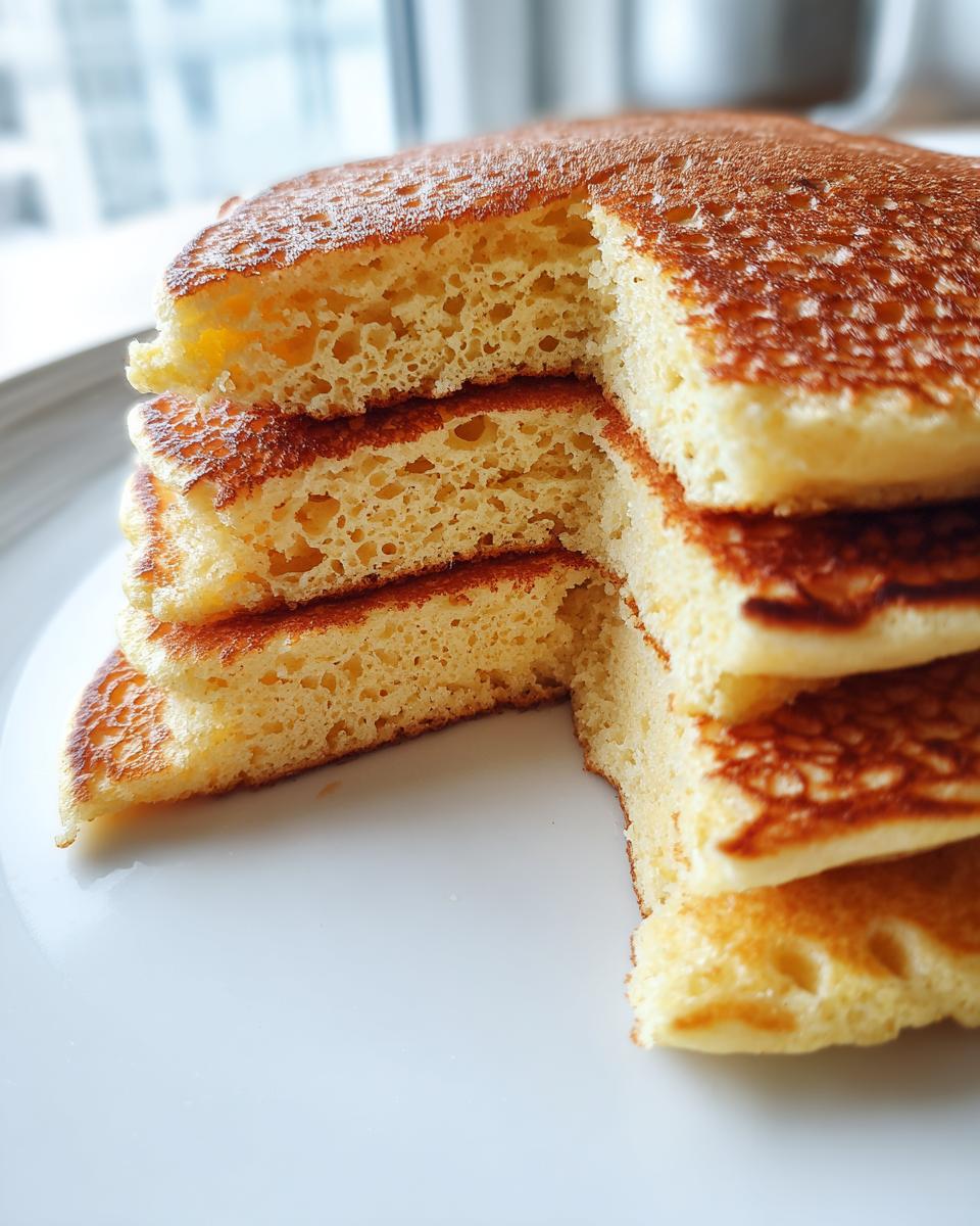 Close-up of a stack of fluffy coconut flour pancakes cut to show the airy, golden interior texture.