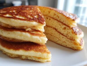 Close-up of fluffy coconut flour pancakes stacked and cut to show the light, airy interior texture.
