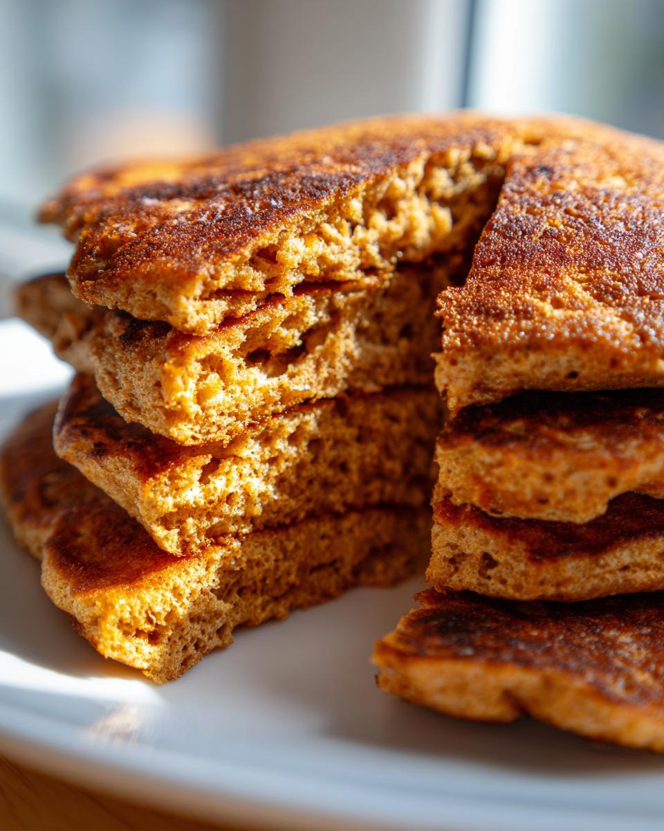 Close-up of a stack of fluffy coconut flour pancakes showing their airy, golden-brown interior texture.