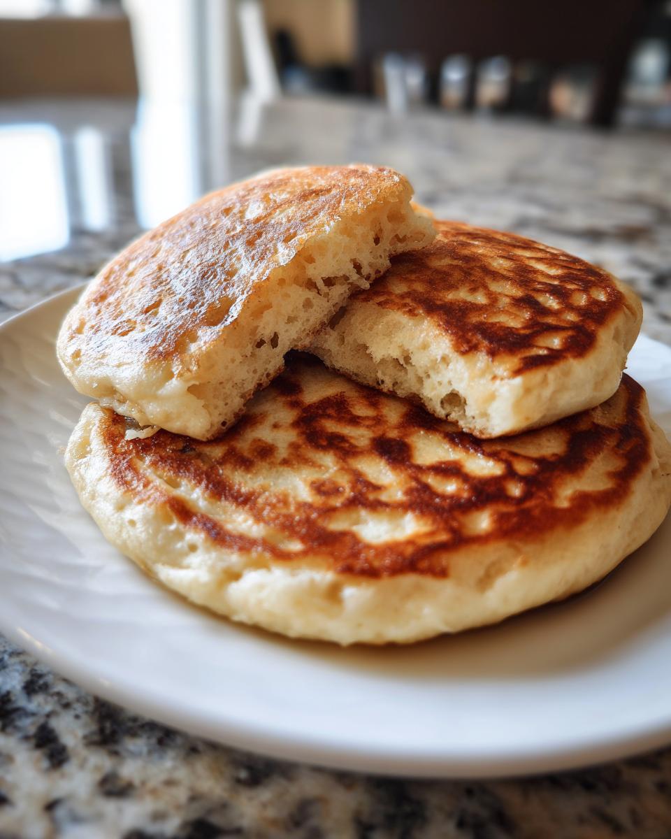 Close-up of fluffy oatmeal pancakes stacked on a white plate, one pancake is broken open to show the texture.