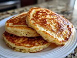 Close-up of a stack of three fluffy oatmeal pancakes with golden-brown, bubbly surfaces served on a white plate.