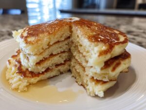 A stack of incredibly fluffy pancakes cut in half, showing the airy interior, drizzled with syrup.