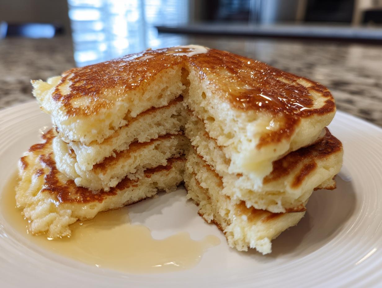 A stack of incredibly fluffy pancakes cut in half, showing the airy interior, drizzled with syrup.