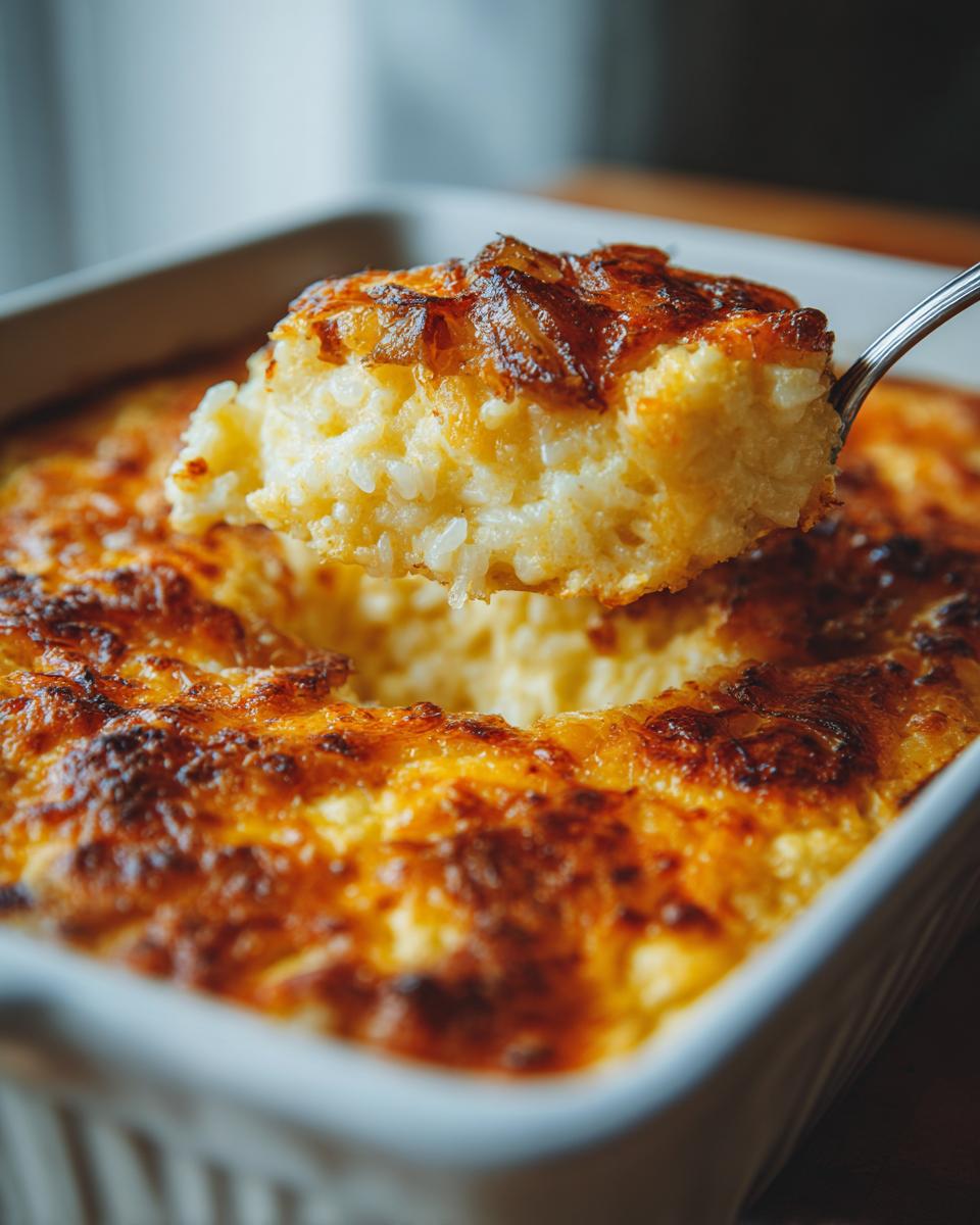 A spoonful of creamy french onion butter rice casserole lifted from a white baking dish, showing a golden-brown crust.