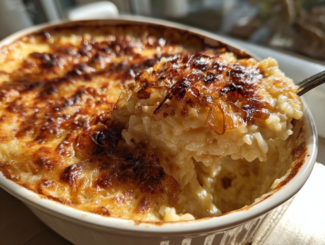 A spoonful of creamy french onion butter rice being lifted from a white baking dish showing a deeply browned, cheesy top.