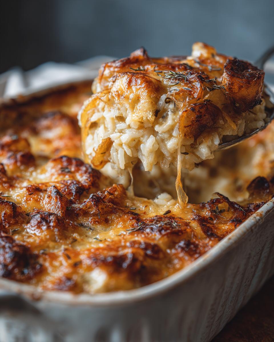 A spoonful of cheesy french onion butter rice being lifted from a baking dish, showing a delicious cheese pull.