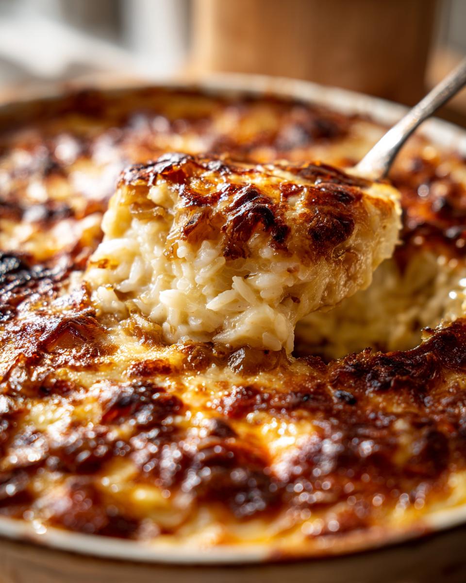 A spoonful of creamy, baked french onion butter rice with a deeply browned, cheesy crust.