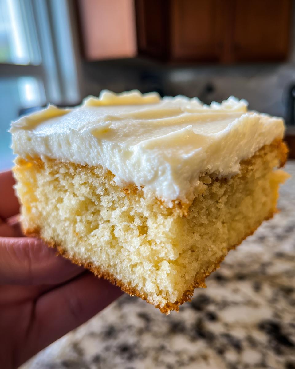 A close-up shot of a thick, square slice of soft sugar cookie bars topped with creamy white frosting.