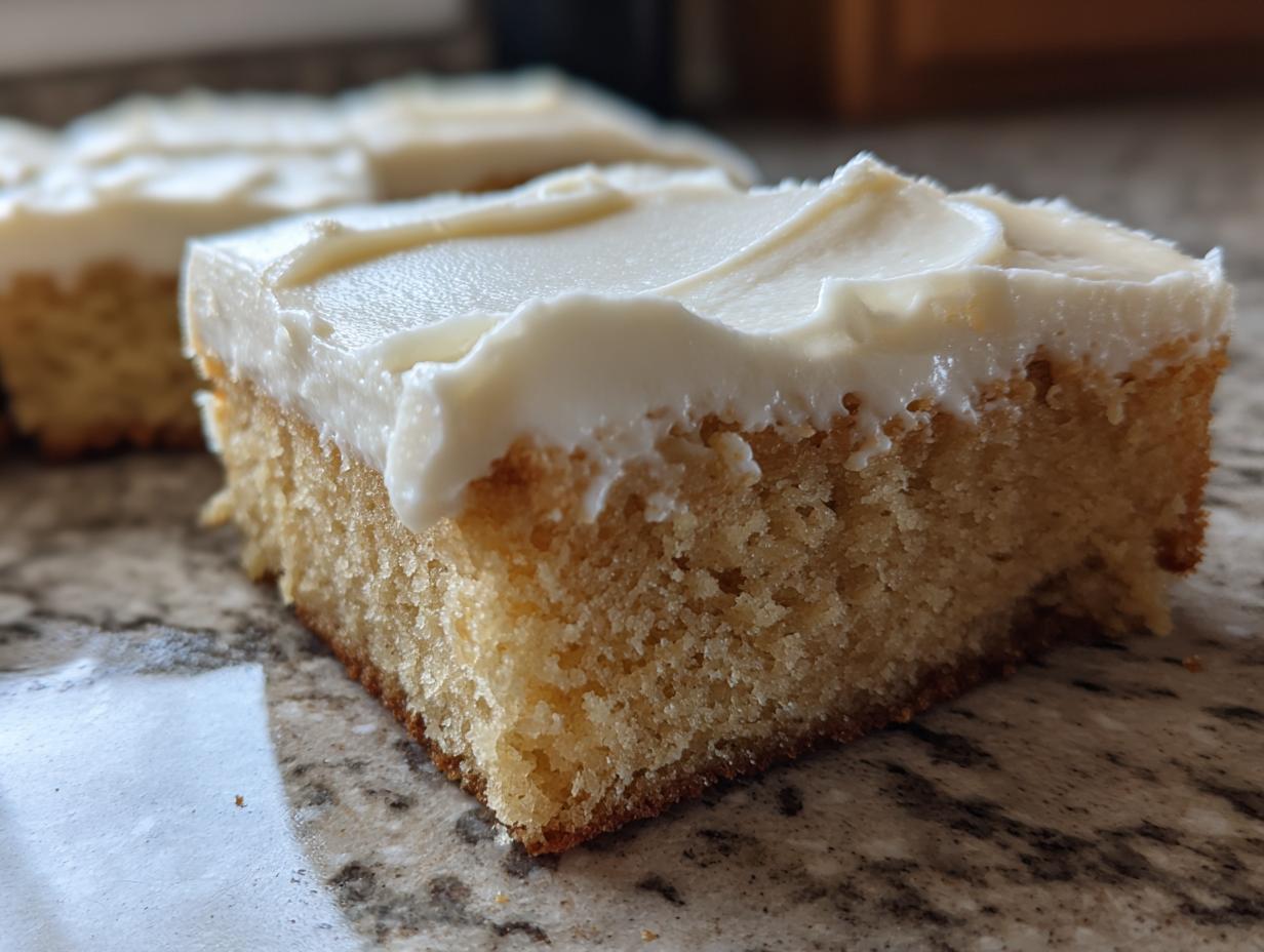 Close-up of a thick, moist slice of sugar cookie bars topped with creamy white frosting.